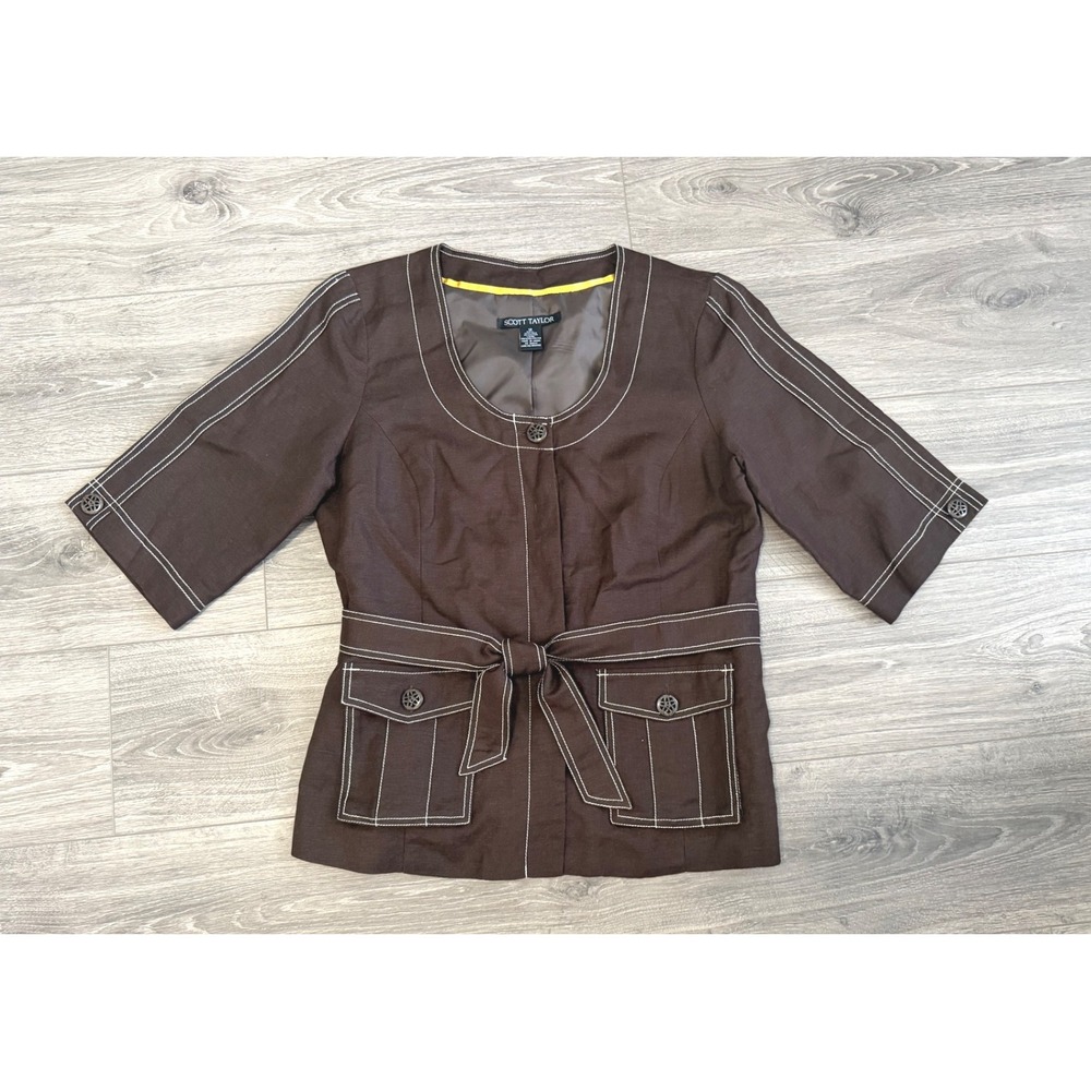 Scott Taylor Jacket 12 Brown Linen Blend Contrast Stitch Belted‎ Safari Blazer